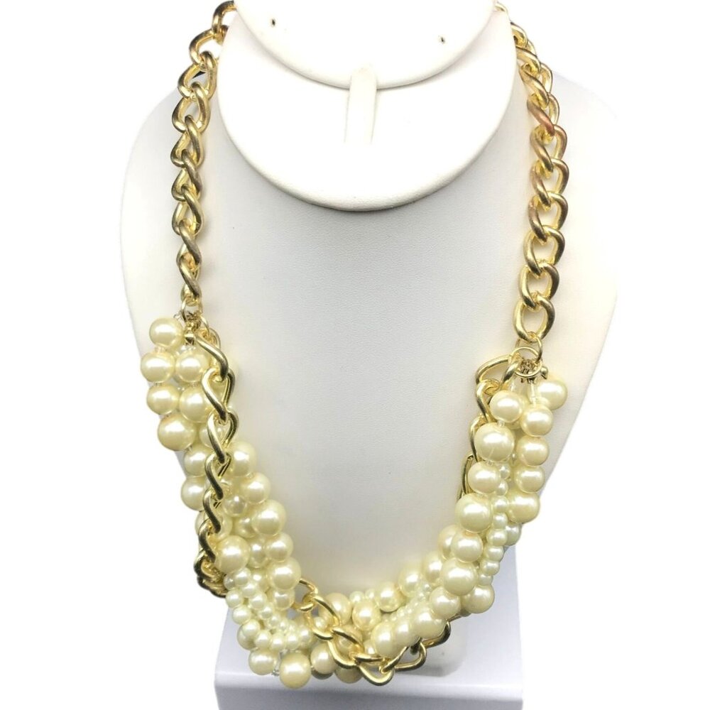 Fabulous Multi Strand Glass Pearl and Chunky Chain Twist Necklace, Lustrous Shin
